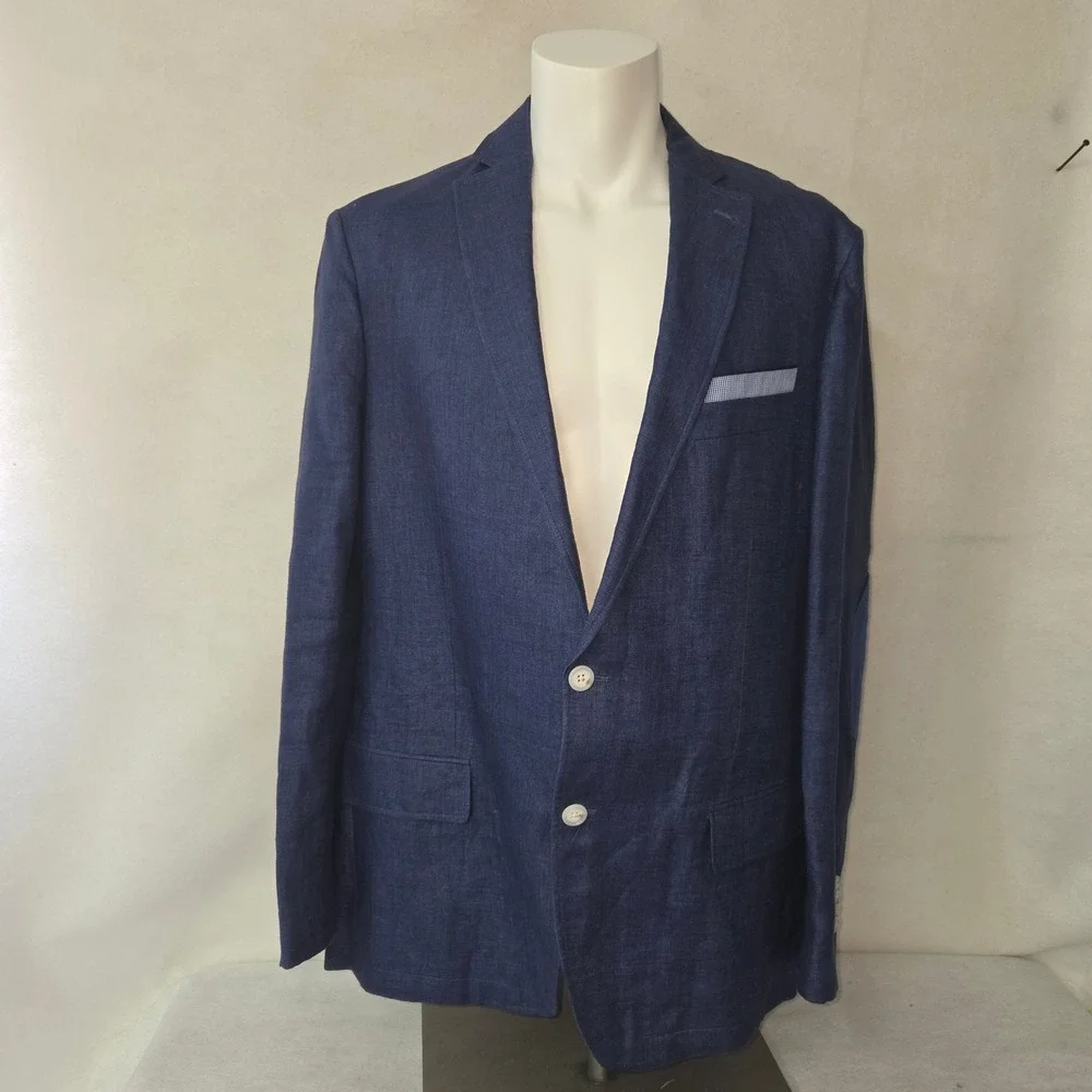 Cremieux Classics Blazer Mens Large Blue Linen Elbow‎ Patches Sport Coat Preppy